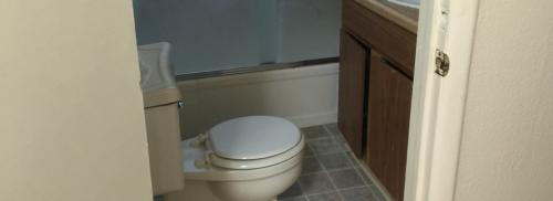 Bathroom shows white toilet, brown cabinets, and a tub/shower combo.