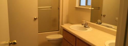 picture of bathroom with two sinks.