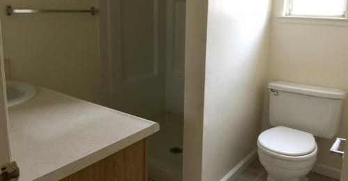 A bathroom with a white toilet, privacy wall, since and light countertops.